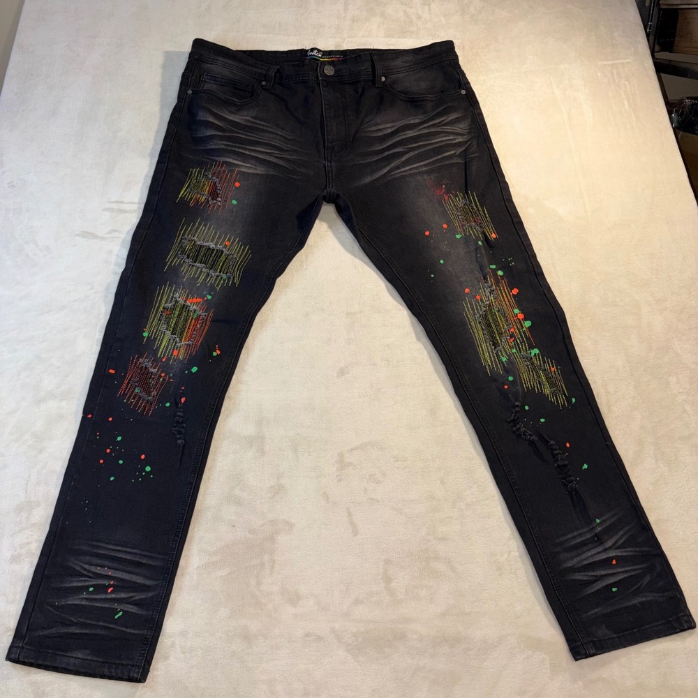Switch Remarkable Mens Black Distressed Paint Splatter Slim Taper Jeans 40x32